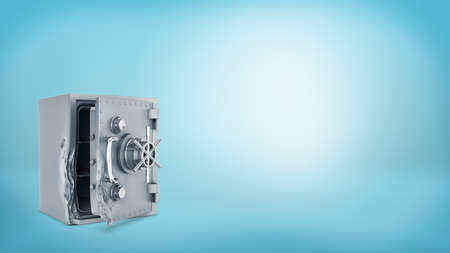 3d rendering of a vintage steel safe box with a rotary handle stands open and damaged after breaking in.の写真素材
