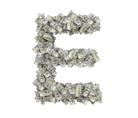 3d rendering of a large isolated letter E made of dollar banknotes on a white background.の写真素材
