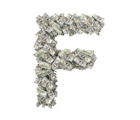 3d rendering of a large isolated large letter F made of one hundred dollar bills.の写真素材