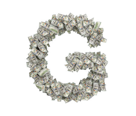 3d rendering of a large isolated letter G made of dollar banknotes on a white background.の写真素材