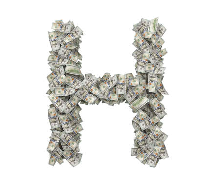3d rendering of a large isolated large letter H made of one hundred dollar bills.の写真素材