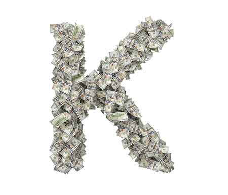3d rendering of a large isolated letter K made of dollar banknotes on a white background.の写真素材