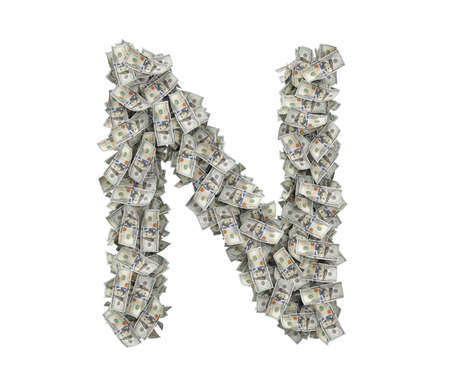 3d rendering of a large isolated large letter N made of one hundred dollar bills.の写真素材