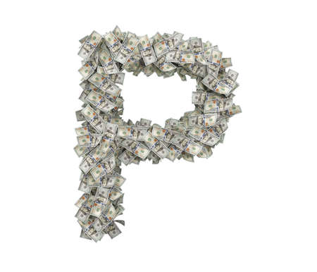 3d rendering of a large isolated large letter P made of one hundred dollar bills.の写真素材