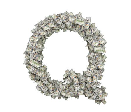 3d rendering of a large isolated letter Q made of dollar banknotes on a white background.の写真素材