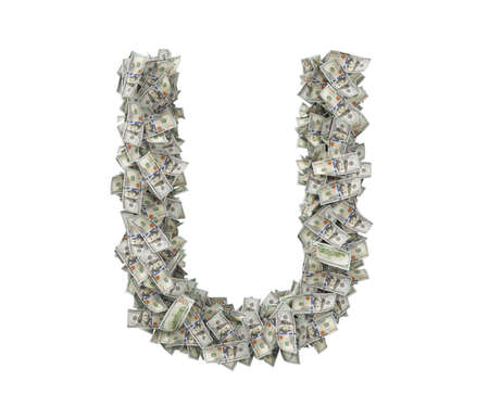 3d rendering of a large isolated letter U made of dollar banknotes on a white background.の写真素材