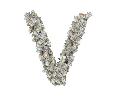 3d rendering of a large isolated large letter V made of one hundred dollar bills.の写真素材