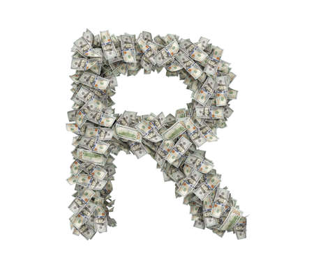 3d rendering of a large isolated large letter R made of one hundred dollar bills.の写真素材