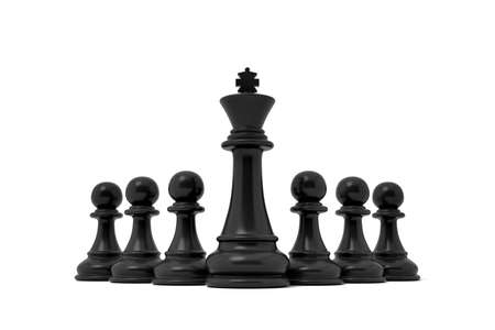 3d rendering of an isolated black king chess piece stands in the center among black pawns.の写真素材