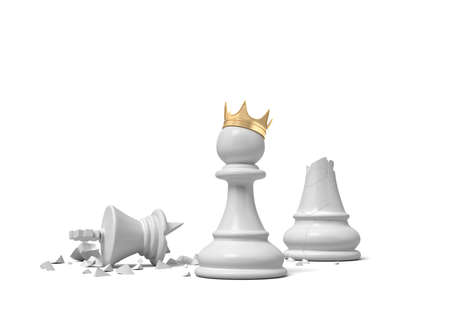 3d rendering of a white chess pawn wearing a gold crown and standing near a broken white king piece.の写真素材