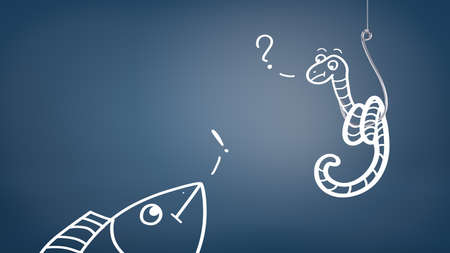 A white drawing of a fish trying to catch a worm on a hook with an exclamation and a question signs near them.の写真素材