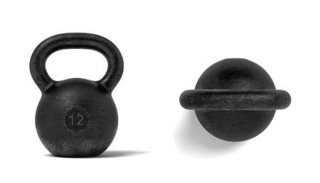 3d rendering of two black metal 12 kg kettlebells, one in front view and one in top view.の写真素材