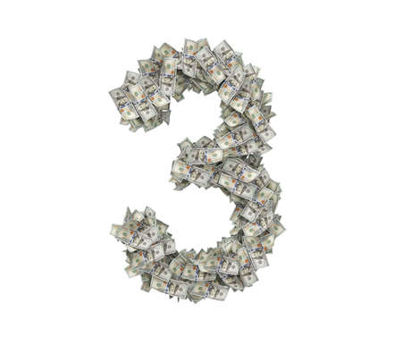 3d rendering of a large number 3 made of countless 100 dollar bills on a white background.の写真素材