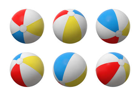 3d rendering of many identical inflated beach balls with white, red, yellow and blue stripes.の写真素材
