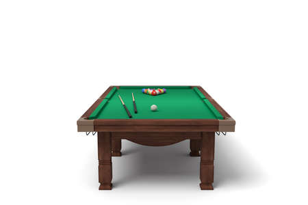3d rendering of an isolated billiard table with a full set of sticks and balls in its surface.