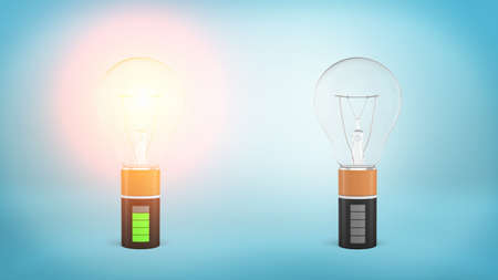 3d rendering of a one glowing light bulb connected to a full battery and another non-working bulb...