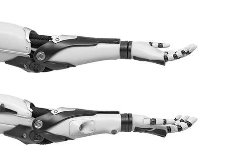 3d rendering of set of two black and white robotic hands with open palms turned upwards.の写真素材