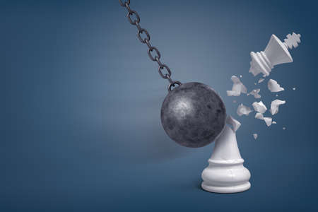 3d rendering of a giant iron wrecking ball hits a white chess king and breaks it in half.の写真素材