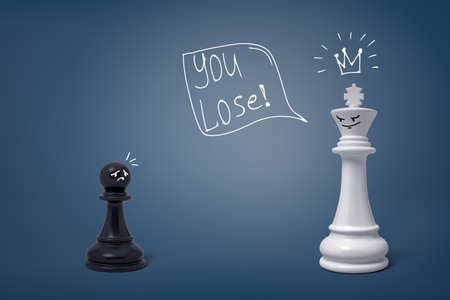 3d rendering of a small black chess pawn with a sad face stands near a victorious king figure.の写真素材