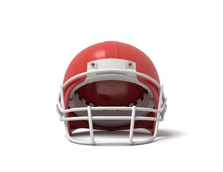3d rendering of a red American football helmet with a white protective grid on a white background.の写真素材