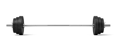 3d rendering of a silver colored metal barbell with several black weight plates on a white background.の写真素材