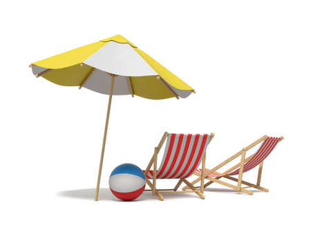 3d rendering of a white and yellow beach umbrella standing above two deck chairs.の写真素材