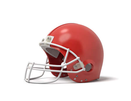 3d rendering of a red American football helmet with a white protective grid on a white background.の写真素材