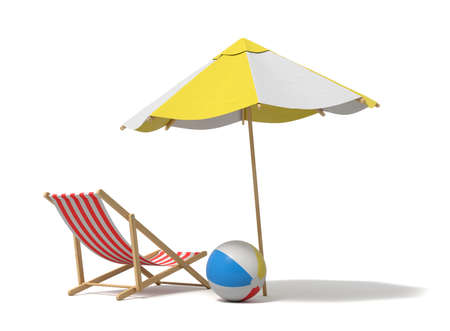 3d rendering of a white and yellow beach umbrella and wooden deck chair.の写真素材