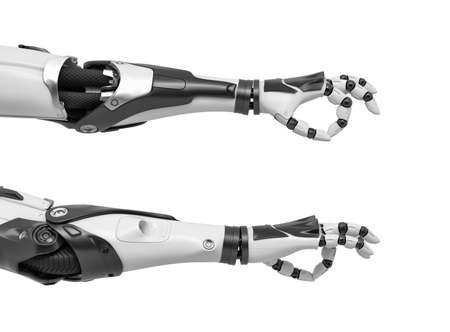 3d rendering of two robot arms with hand fingers in Ok gesture from back and front side of the palm.の写真素材