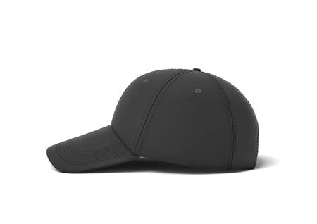 3d rendering of a single black baseball cap with black stitching lying on a white background in a side view.の写真素材