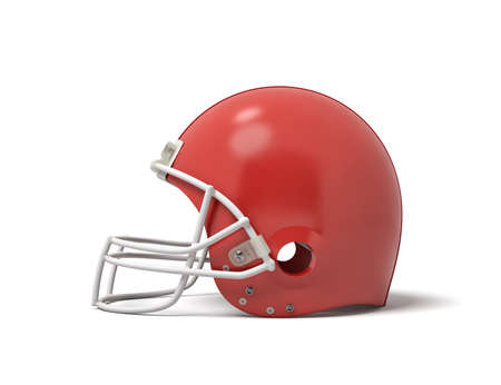 3d rendering of a red American football helmet with a white protective grid on a white background.の写真素材