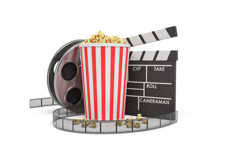 3d rendering of a video reel, popcorn bucket and a clapperboard on a white background.の写真素材