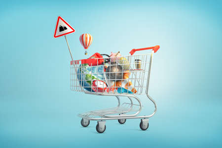 3d rendering of shopping cart filled with such things as an Earth globe, phone, iron ball, piggy bank, golden egg and clock inside.の写真素材