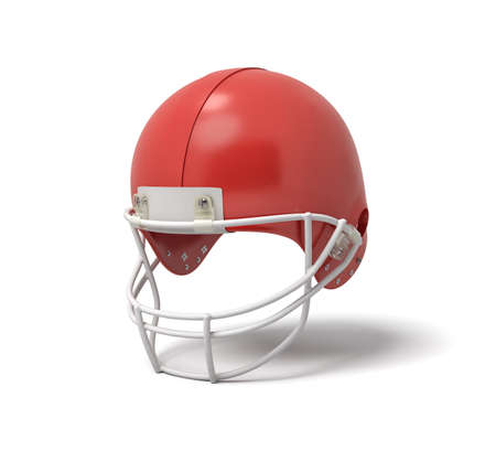 3d rendering of a red American football helmet with a white protective grid on a white background.の写真素材