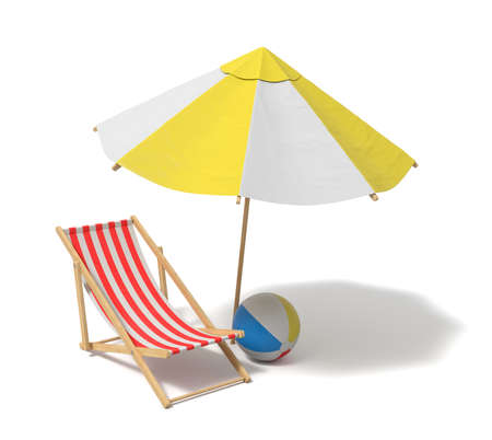 3d rendering of a white and yellow beach umbrella and wooden deck chair.の写真素材