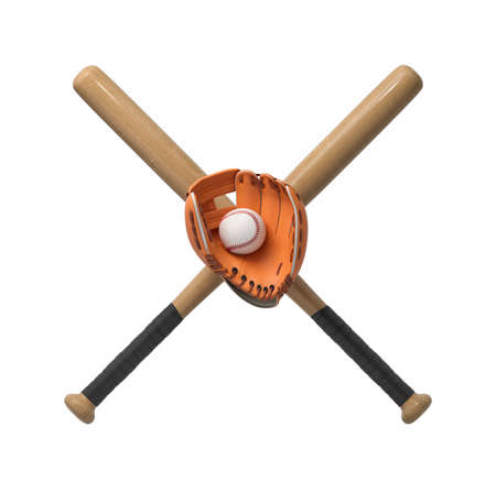 3d rendering of two wooden baseball bats with a wrapped handle, a glove and a ball itself on a white background. Bの写真素材