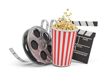 3d rendering of a video reel, popcorn bucket and a clapperboard on a white background.の写真素材