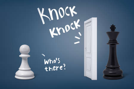 3d rendering of white chess pawn ready to meet a black king standing behind a white door.の写真素材