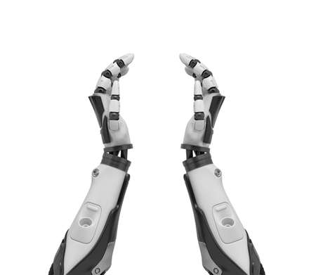 3d rendering of two robotic hands forming an incomplete protective circle.の写真素材
