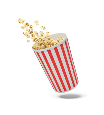 3d rendering of a round striped popcorn bucket hanging in the air with popcorn flying out of it.の写真素材