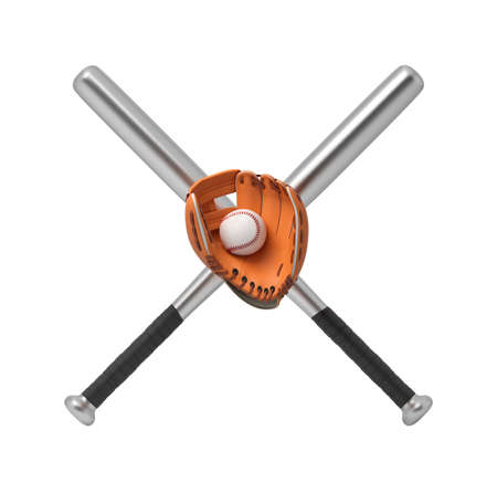 3d rendering of two steel baseball bats making a cross with a baseball lying inside an orange glove.の写真素材