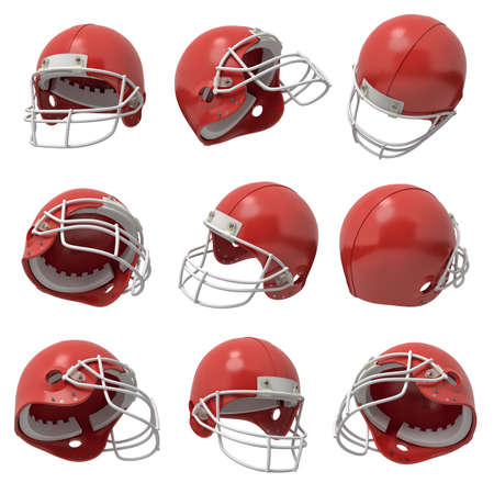 3d rendering of many red American football helmets flying in several positions on a white background.の写真素材
