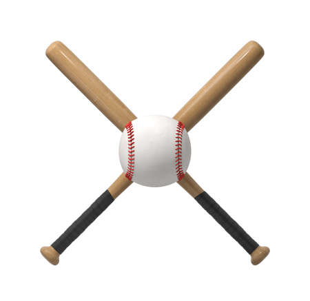 3d rendering of a huge white baseball with red stitches right in the middle of the cross made by two wooden bats.の写真素材