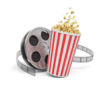 3d rendering of a video reel with video film stretching around a big bucket full of popcorn.の写真素材