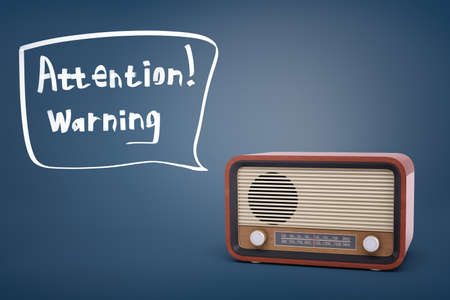 3d rendering of brown retro radio set near a speech bubble with words Attention and Warning inside of it.の写真素材