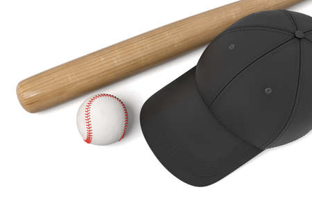 3d rendering of a white baseball with red stitching, black baseball cap and wooden bat on white background.の写真素材
