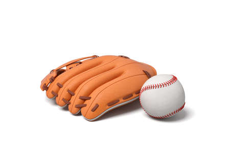 3d rendering of a white baseball with red stitching lying near an orange leather mitt on a white background.の写真素材