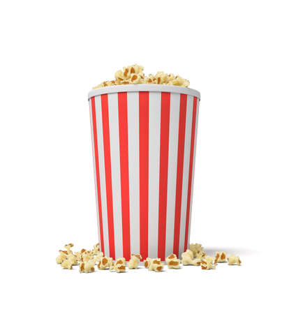 3d rendering of a single small popcorn bucket in red and white stripes with popcorn overflowing of it.の写真素材