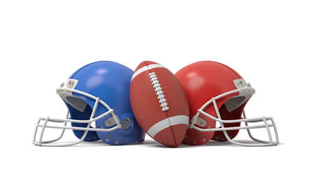 3d rendering of an oval American football ball between two helmets of different colors.の写真素材