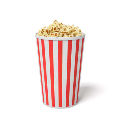 3d rendering of a single small popcorn bucket in red and white stripes with popcorn reaching to the top.の写真素材